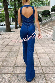 Fashionable Heart Hollow Back Slim High Waist Flared Denim Jumpsuit