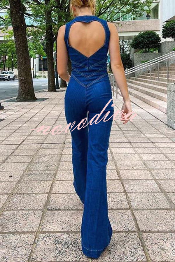 Fashionable Heart Hollow Back Slim High Waist Flared Denim Jumpsuit