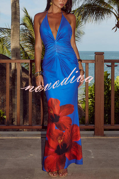 Floral Print Sexy Halterneck Open Back Pleated Slim Maxi Dress