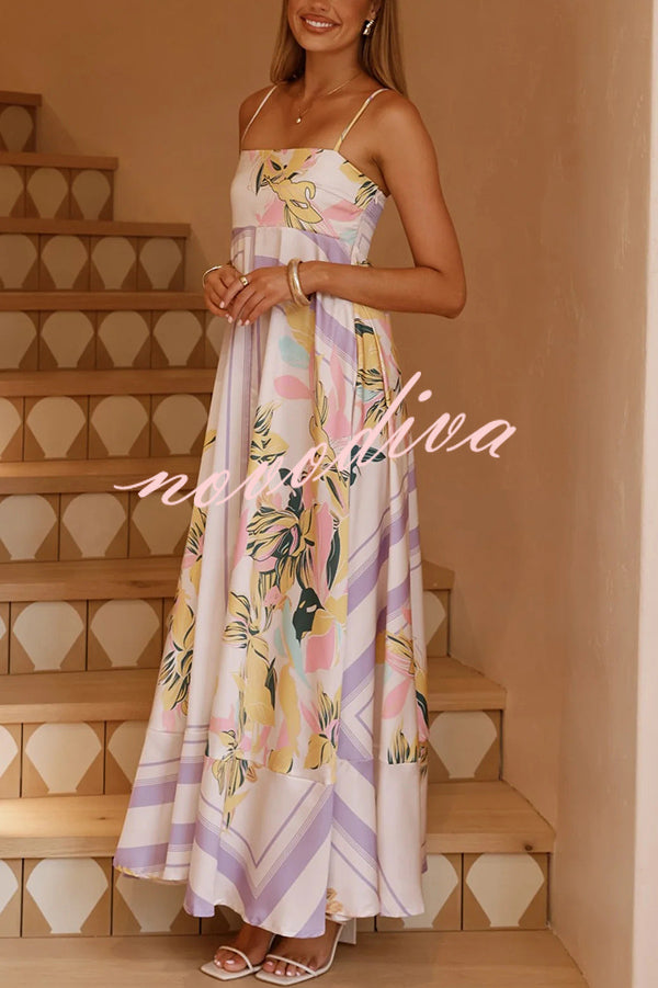 Botanical Print Square Neck Suspender Casual Full Hem Maxi Dress