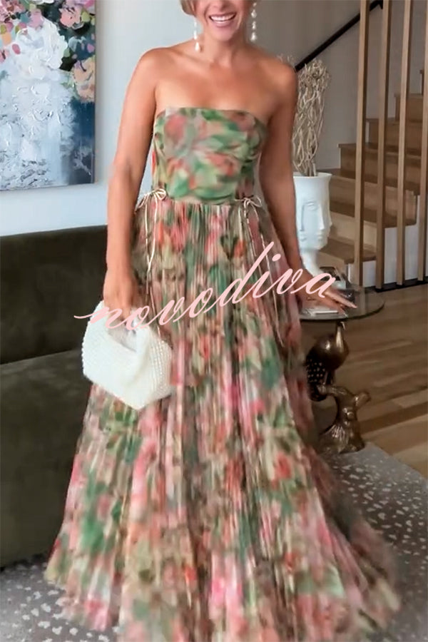 Romantic Factor Pleated Mesh Watercolor Print Bow Detail Strapless Maxi Dress