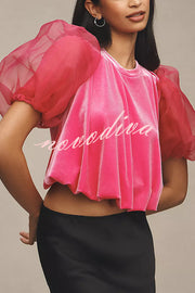 Blissful Smile Velvet Tulle Puff Sleeve Loose Blouse