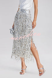 Evening Charm Layered Sequined Tassels High Rise Back Zipper Slit Midi Skirt