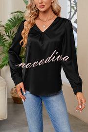 Satin Pleated V-neck Long-sleeved Loose Shirt