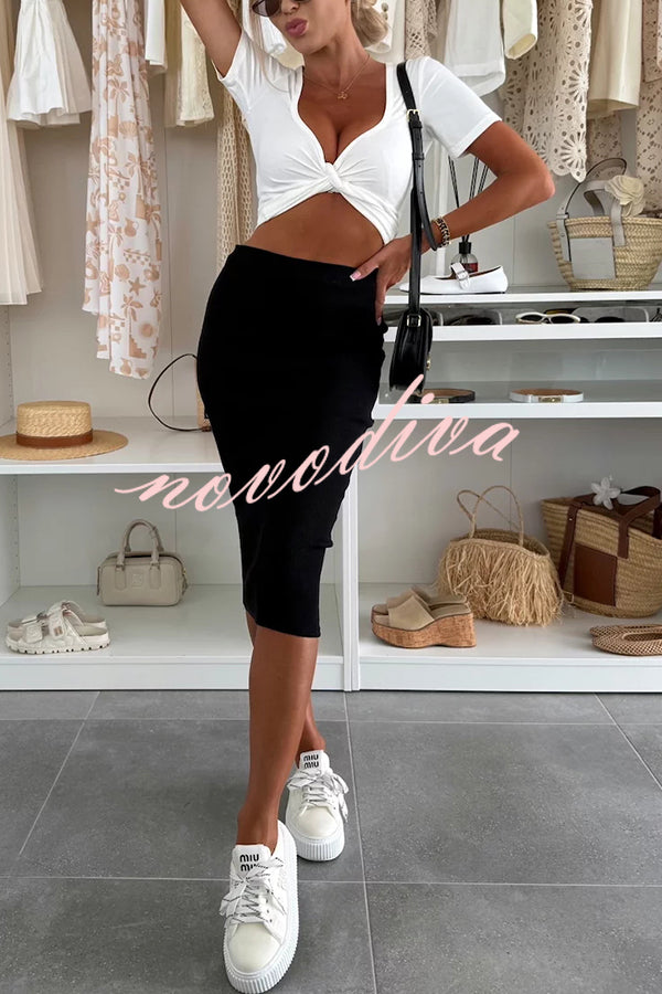 Perfect Basics Ribbed Knit Elastic Waistband Stretch Midi Skirt