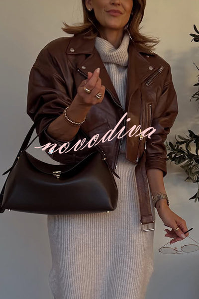 Fashion Lapel Long Sleeve Casual Zipper Pocket Leather Jacket