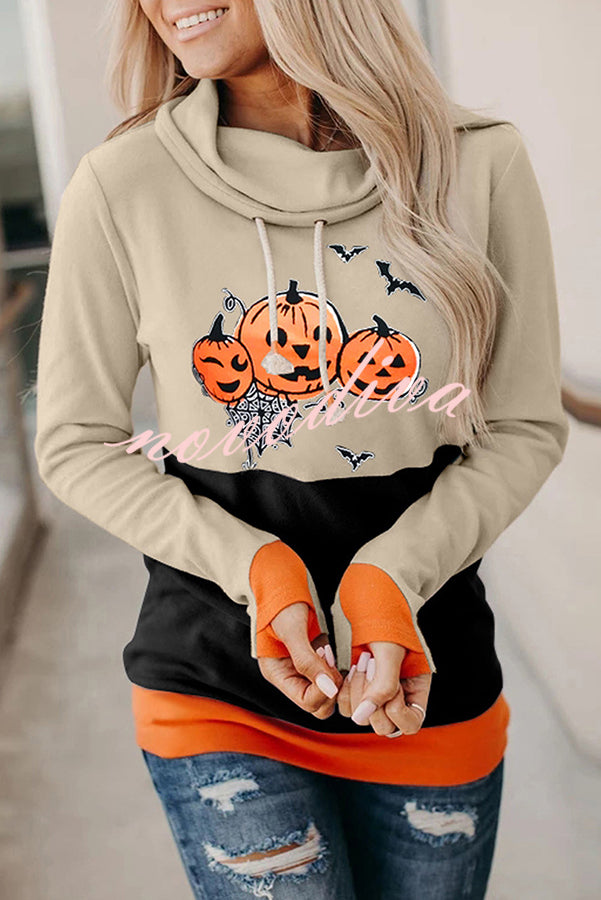 Halloween Pumpkin Print Long Sleeve Drawstring Hoodie