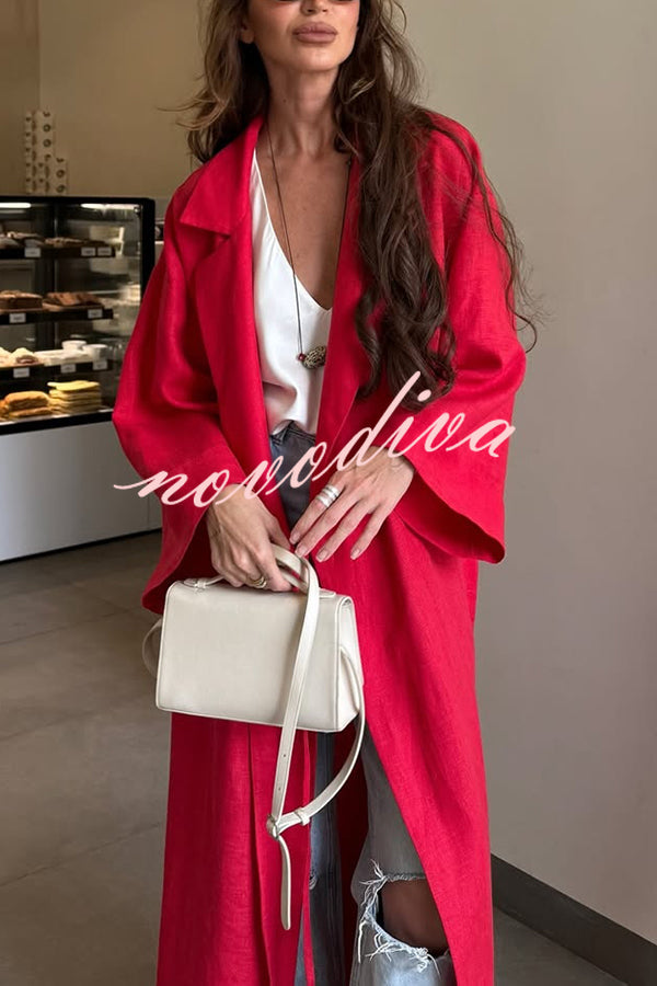 Linen Blend Solid Color Casual Lapel Tie Loose Maxi Dress