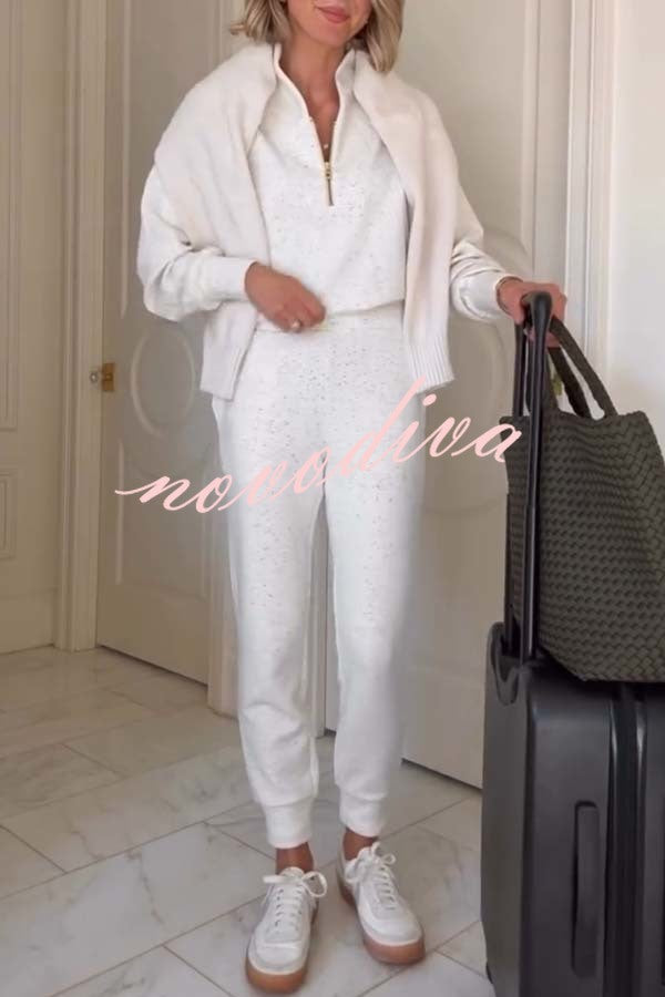 Ivory Marl Fleck Half-Zip Neck Long Sleeve Sweatshirt and Elastic Waist Pocket Jogger Set