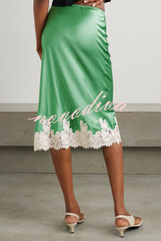 Celebration Look Contrast Color Satin Lace Trim Elastic Waist Drape Midi Skirt