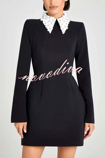 Alisha Contrast Floral Appliqué Pointed Collar Long Sleeve Pocketed Mini Dress