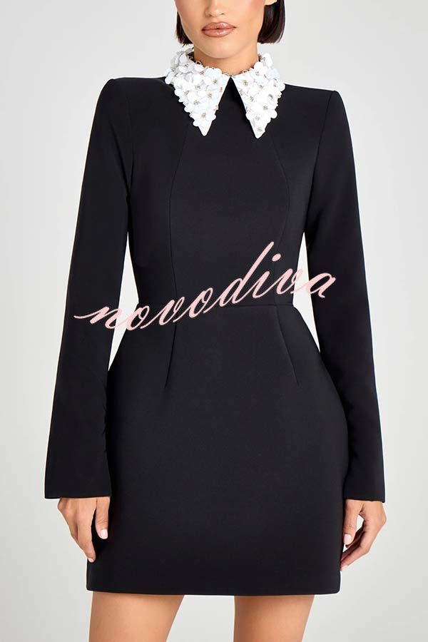 Alisha Contrast Floral Appliqué Pointed Collar Long Sleeve Pocketed Mini Dress