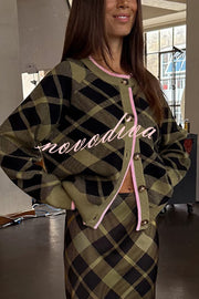 Holiday Plaid Knit Color-blocked Trim Button Long-sleeved Loose Cardigan