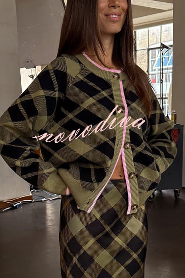 Holiday Plaid Knit Color-blocked Trim Button Long-sleeved Loose Cardigan