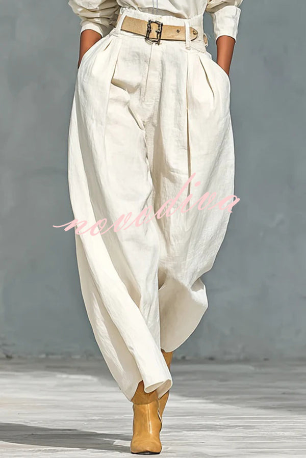 Fashionable Round Neck Long-sleeved Casual Top and High Waist Pocket Loose Wide-leg Pants Set