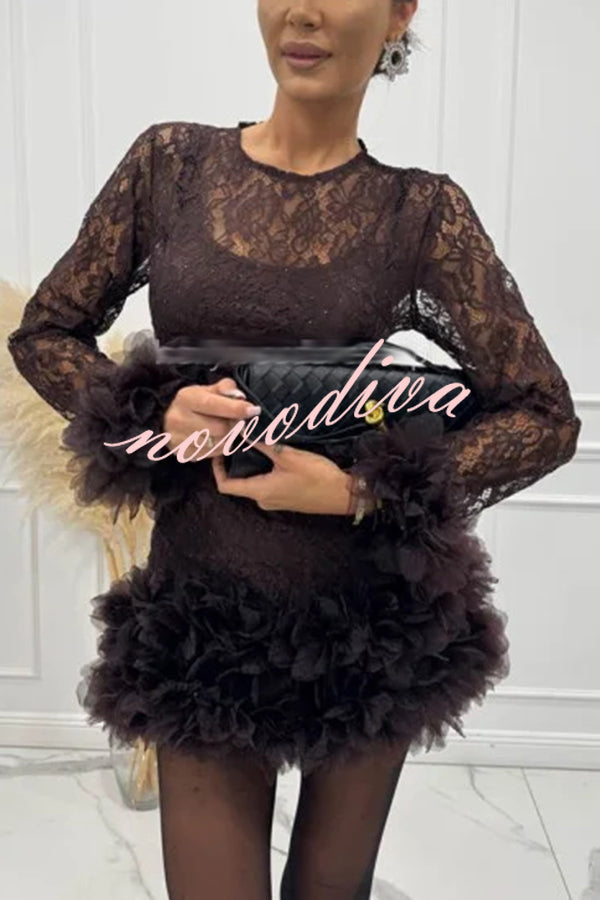 Alyssa Lace Fabric Tulle Layered Petals Trim Long Sleeve Mini Dress