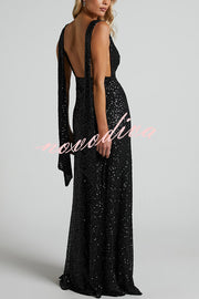 All The Sparkle Sequin Cowl Neck Backless Slit Stretch Maxi Dress