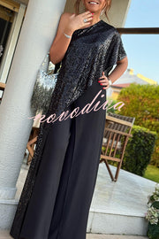 Party Favors Sequin One Shoulder Ruffle Detail Wide Leg Evening Jumpsuit