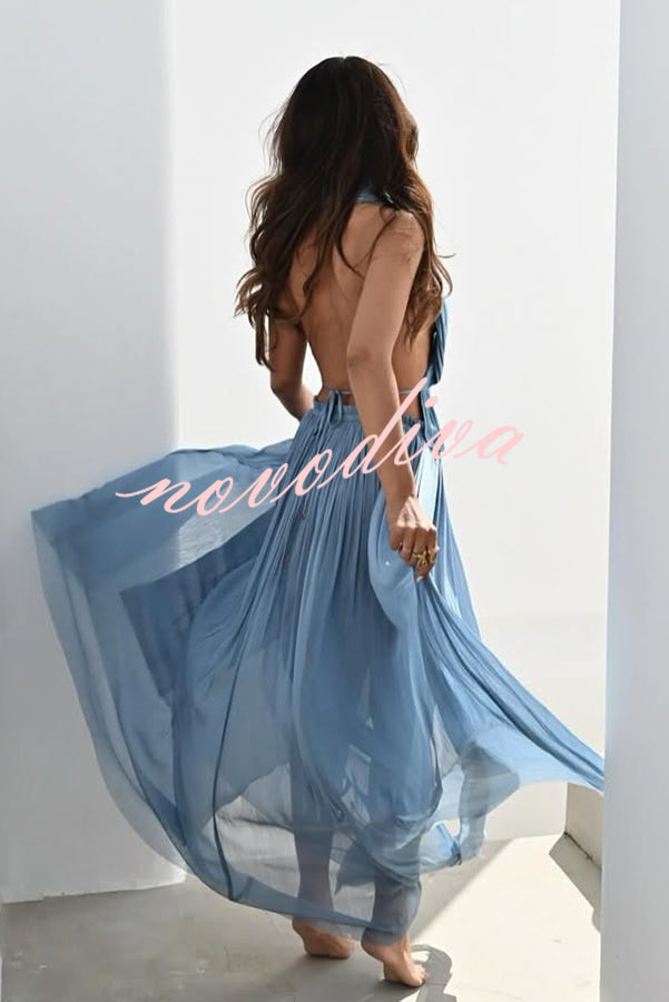 Pure Lightness Chiffon Pleated Halter Backless Top and Elastic Waist A-line Maxi Skirt Set