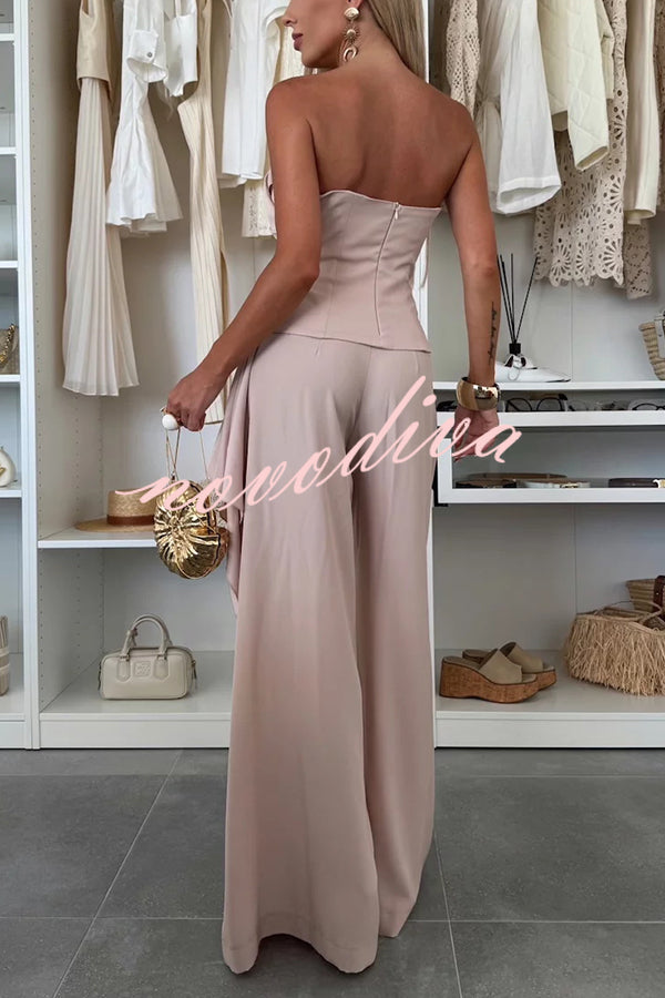 Elegant Solid Color Asymmetric Ruffles Bandeau Top and High Waist Wide Leg Pants Set