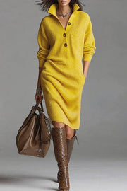 Solid Color Collared Button Pocket Loose Casual Knit Midi Dress