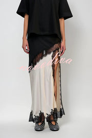 Party Focus Contrast Color Satin Lace Trim Elastic Waist Front Slit Maxi Skirt