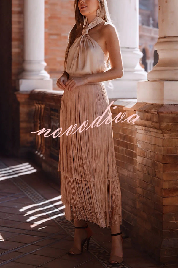 Elegant Tassel Hem Elastic Waist Casual Maxi Skirt