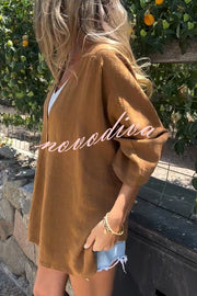 Solid Color V-neck Loose Long-sleeved Button Top