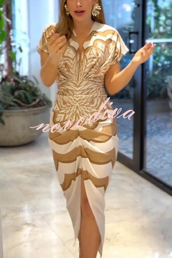 Feona Satin Unique Print V-neck Wide Sleeve Ruched Waist Slit Midi Dress