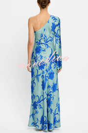 Satin Botanical Print One-Sleeve Resort Maxi Dress