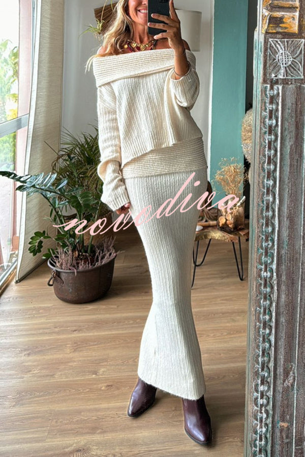 Luka Ribbed Knit Off Shoulder Long Sleeve Sweater and Stretch Maxi Skirt Set