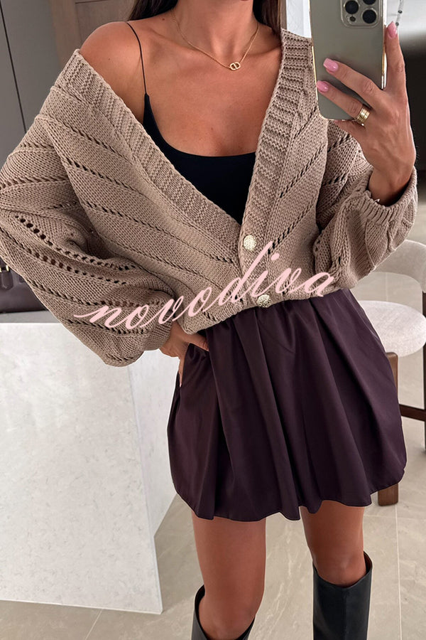 Fashion Hollow Knitted V-neck Button Loose Cardigan