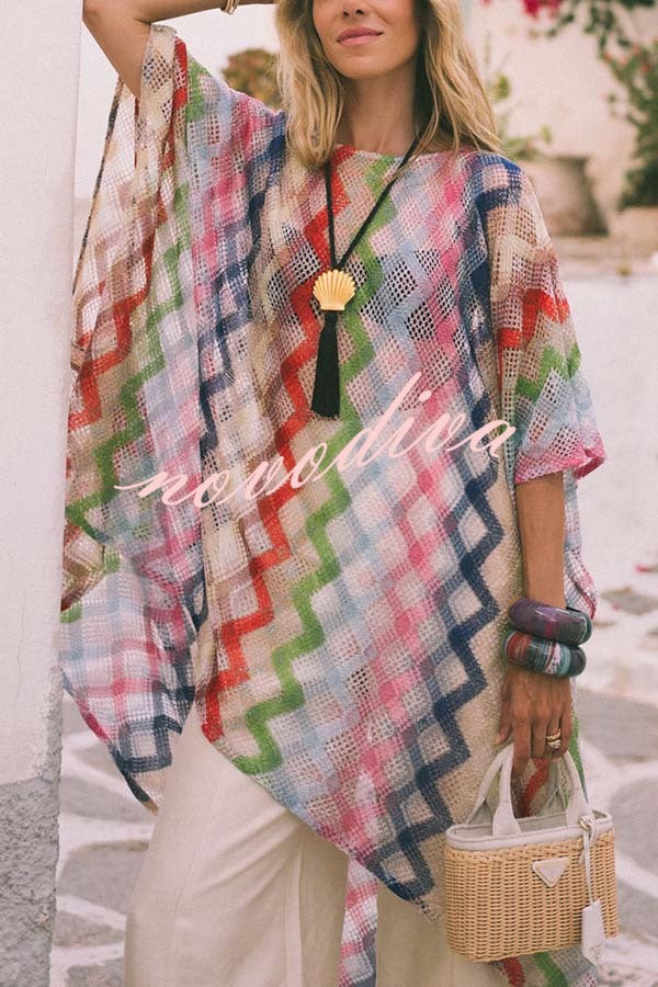 Sun Washed Knit Colorful Zigzag Pattern Asymmetric Hem Loose Cover-ups Kaftan