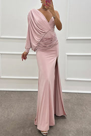 Like Venus One Shoulder Bat Sleeve Ruched Detail Slit Gown Maxi Dress