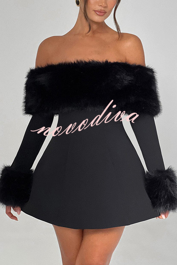 Cute and Luxe Faux Fur Trim Off Shoulder Bubble Shaped Mini Dress