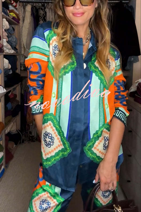 Vacation Times Satin Unique Print Button Down Oversized Blouse