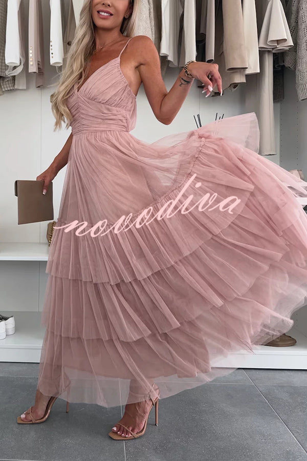 Romantic Movie Tulle Ruched Tiered Hem Slip Maxi Dress