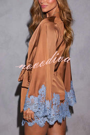 Joyful Bond Satin Lace Trim Contrast Color Bell Sleeve Tie-up Kimono Mini Dress