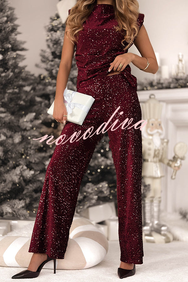 Stylish Sparkly Velvet Sequin Sleeveless Pleated Top and Casual Wide-leg Pants Set