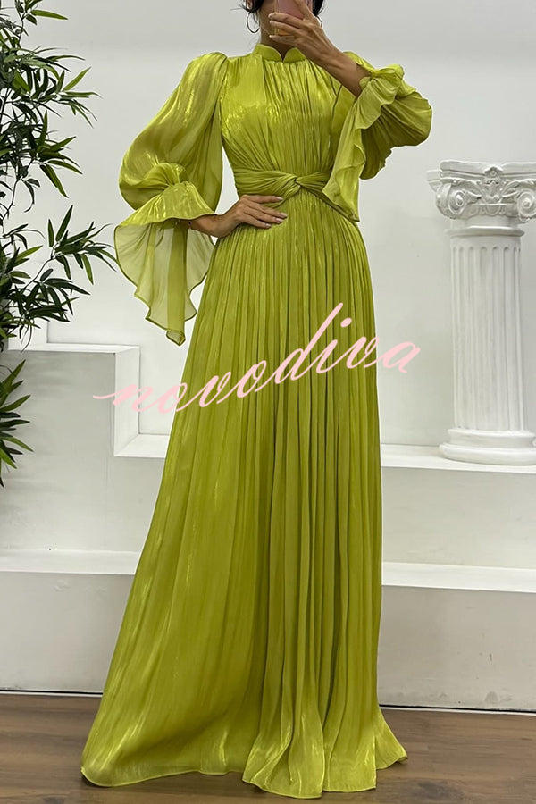Ellah Shiny Fabric Chinese Stand Collar Twist Waist Balloon Sleeve Maxi Dress