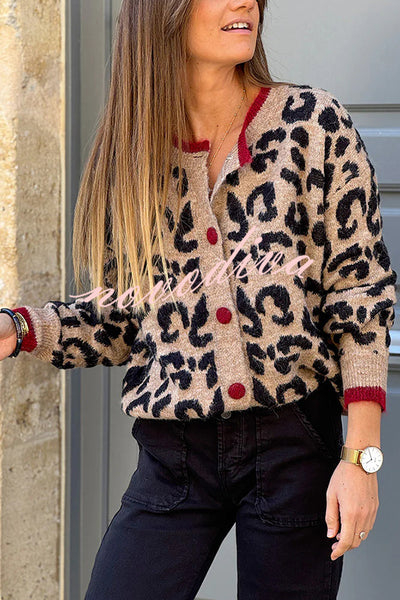 Leopard Print Crew Neck Long-sleeved Loose Knit Cardigan