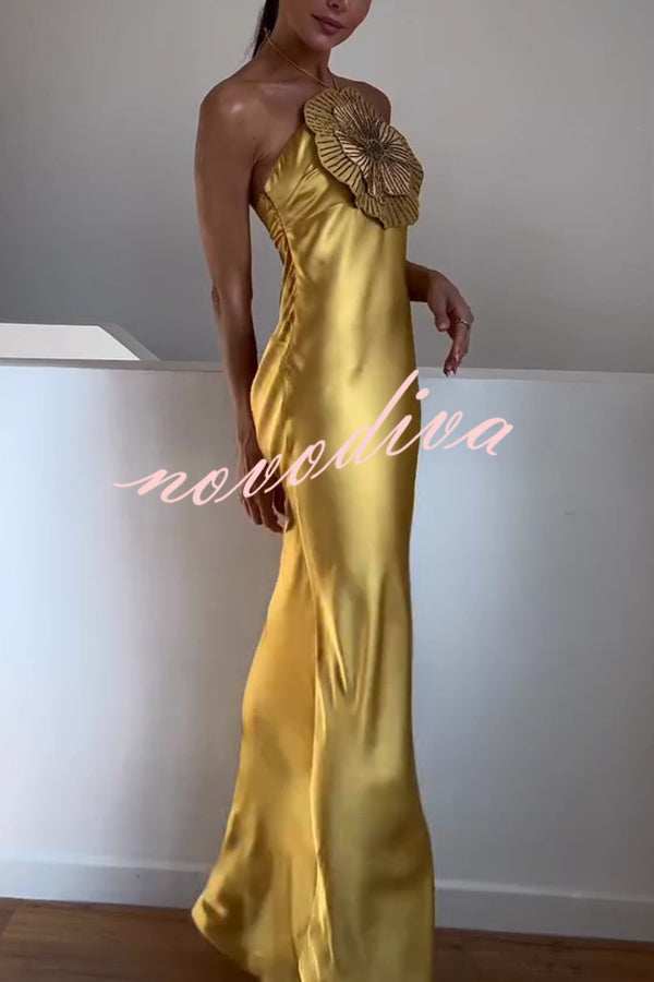 Fashionable Beaded Large Flower Decoration Halter Neck Backless Maxi Dress