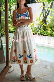 Embroidered Printed Suspenders Pleated Holiday Midi Dress
