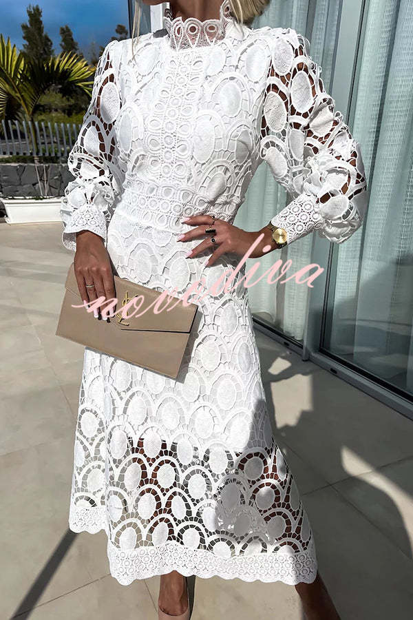 Romantic, Sensual and Elegant Crochet Lace Lantern Sleeve Party Midi Dress