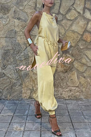 Satin Solid Pocket Loose Casual Pants