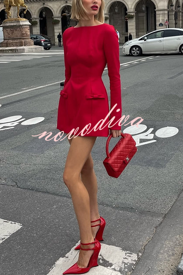 Budding Elegance Bow Detail Boat Neck Long Sleeve Mini Dress