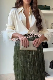 Party Crasher Feather Trim Long Sleeve Button Up Loose Blouse