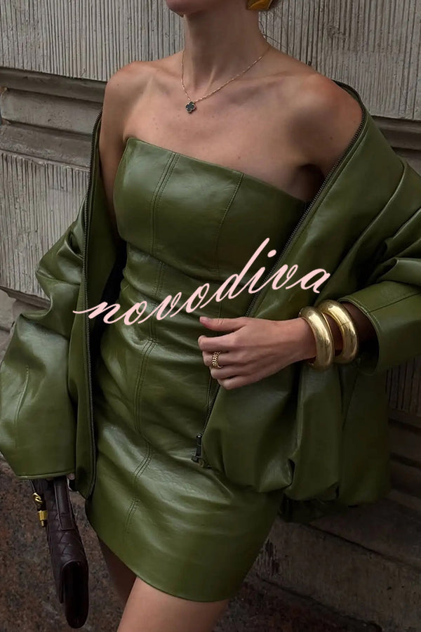Solid Color Loose Long Sleeve Pocket Casual Leather Jacket