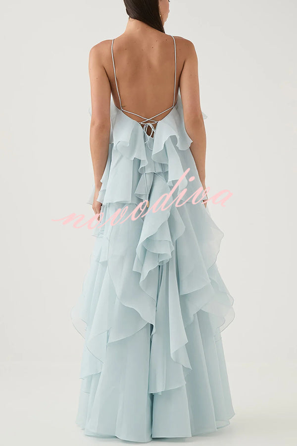 Free - Flowing Rose Detail Tiered Ruffles Halter A-line Maxi Dress