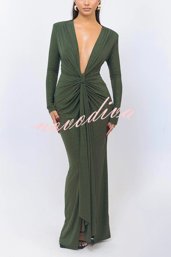 Solid Color Shiny Sexy V-neck Long Sleeve Ribbon Slit Slim Fit Maxi Dress